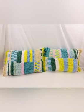 Anthropologie 21” Fabianna crochet pillows indoor/outdoor patchwork fringe trim